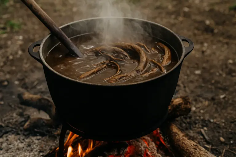 Traditional ayahuasca, often misspelled as iowaska, brewing in a cauldron over an open fire with Banisteriopsis caapi vine, during a ceremonial preparation in the Colombian Amazon.