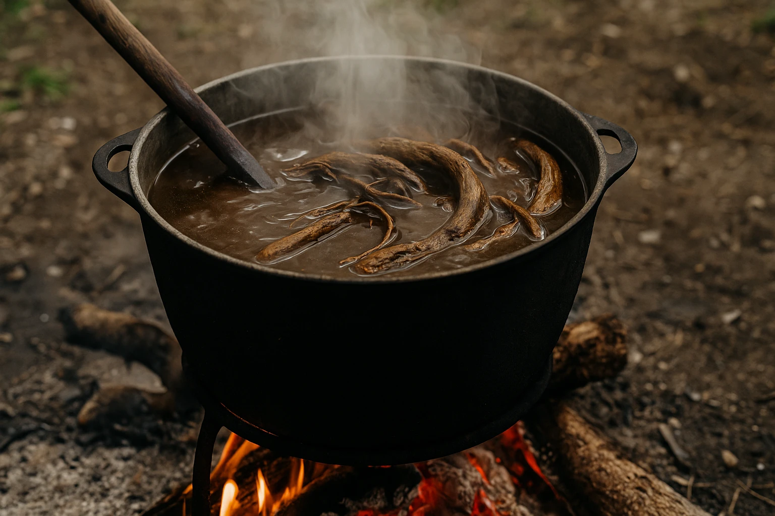 Traditional ayahuasca, often misspelled as iowaska, brewing in a cauldron over an open fire with Banisteriopsis caapi vine, during a ceremonial preparation in the Colombian Amazon.