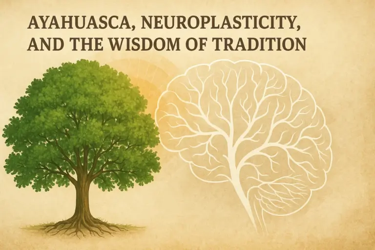 Illustration of a tree shaped like a human brain, symbolizing ayahuasca, neuroplasticity, and integration between nature and science.