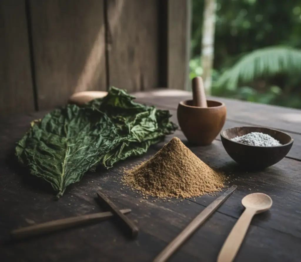 rapé preparation with jungle tobacco leaves, ash, and traditional tools